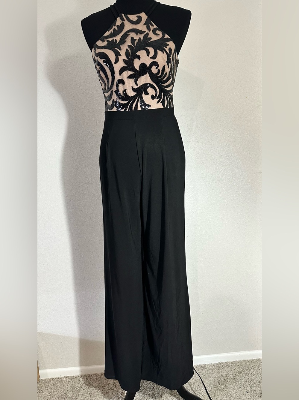 Nightway Black Sequin Lace Halter Wide Leg Palazzo Jumpsuit Size 4